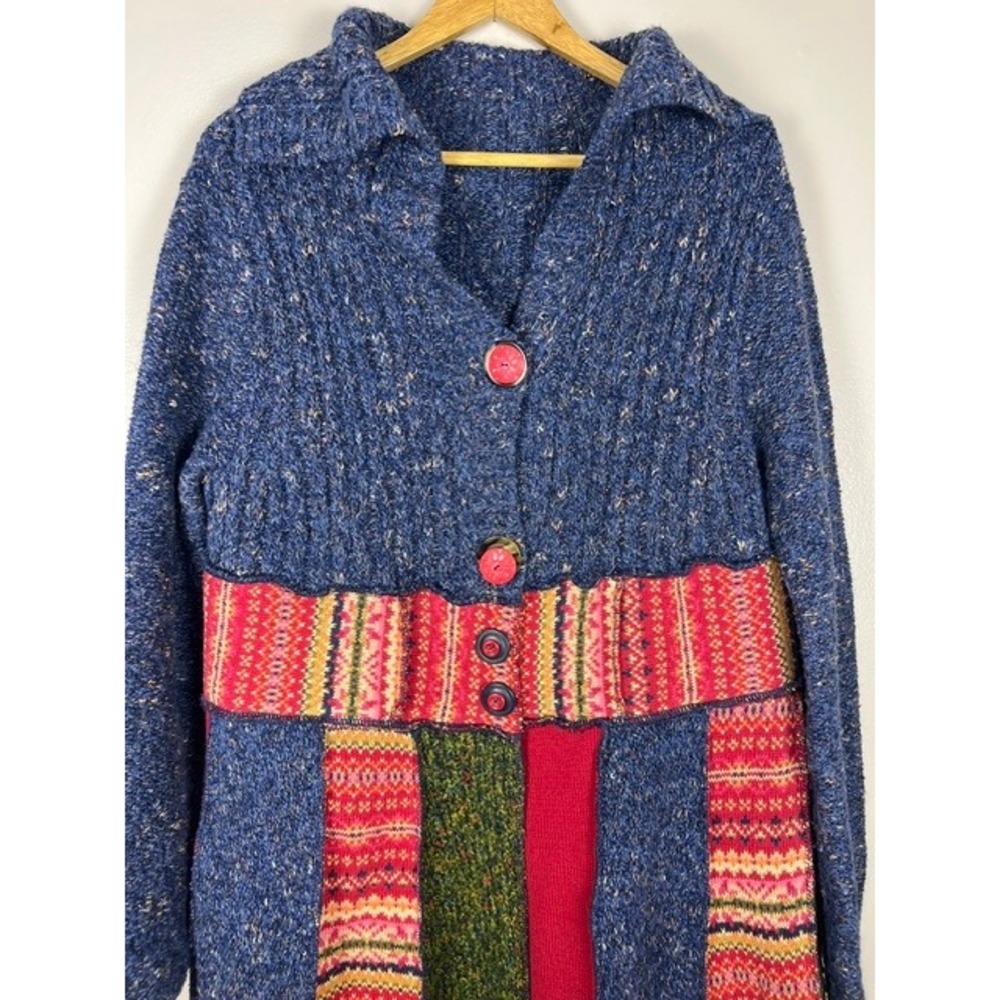 Handmade Upcycled Wool Patchwork Fair Isle Longline Cardigan Jacket Blue Red - Picture 4 of 8